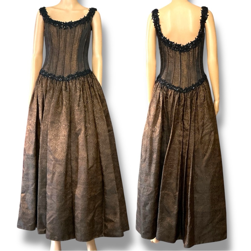 Vintage Chic Black & Bronze Corset Ball Evening Gown Dress by Chris Kole
